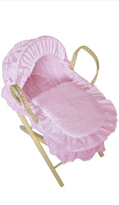 PINK BRODERIE ANGLAISE MOSES BASKET (STAND INCLUDED)