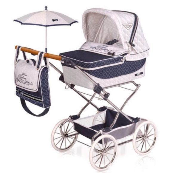 LARGE SPANISH NAVY & WHITE DOLL PRAM