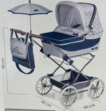 LARGE SPANISH NAVY & WHITE DOLL PRAM